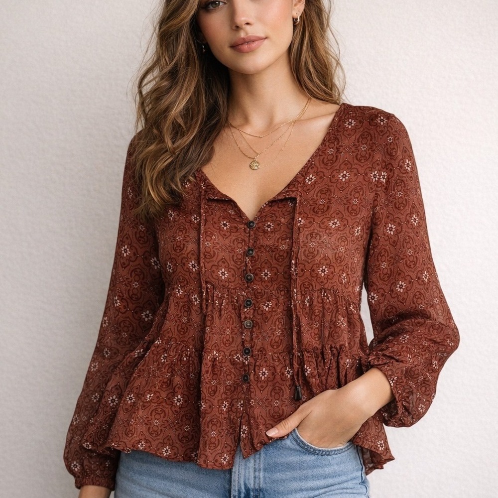 Jolt Boho Rust Sheer Peplum Babydoll  Blouse‎ Floral Button Front NWT Size Small